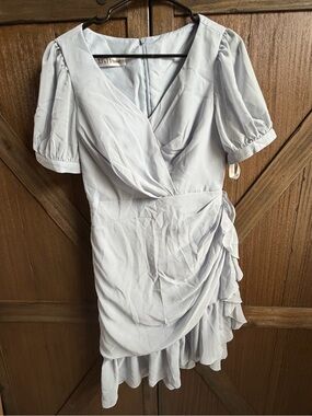 JJs House Pale Blue Ruffle Wrap-Style Mini Dress